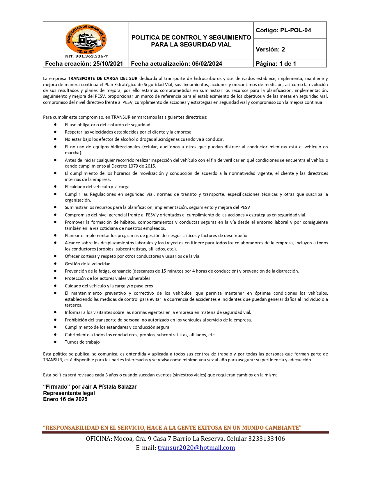 Política de Control y Seguimiento para la Seguridad Vial