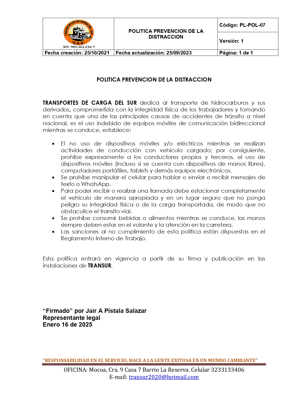 Política de Prevención de Distracción