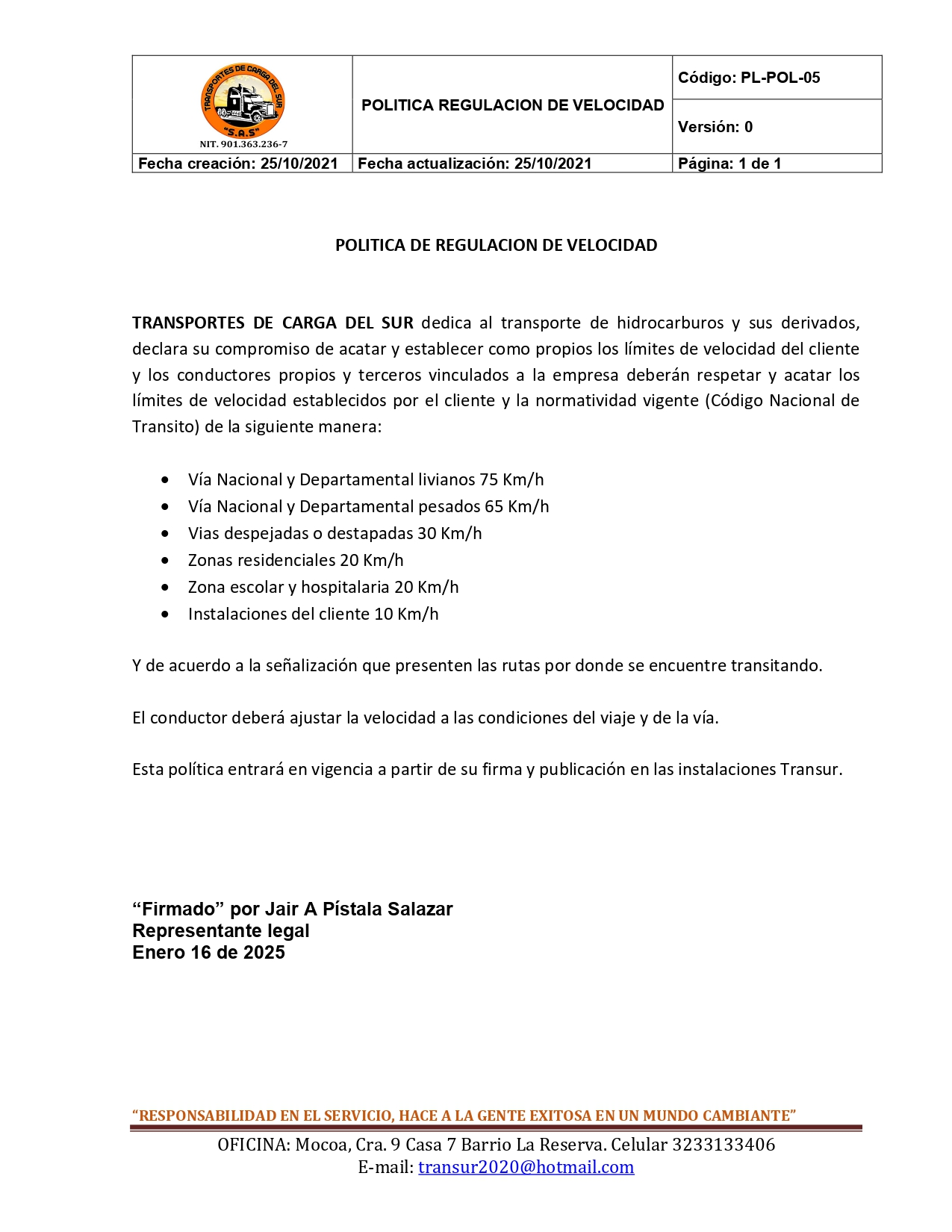 Política de Regulación de Velocidad